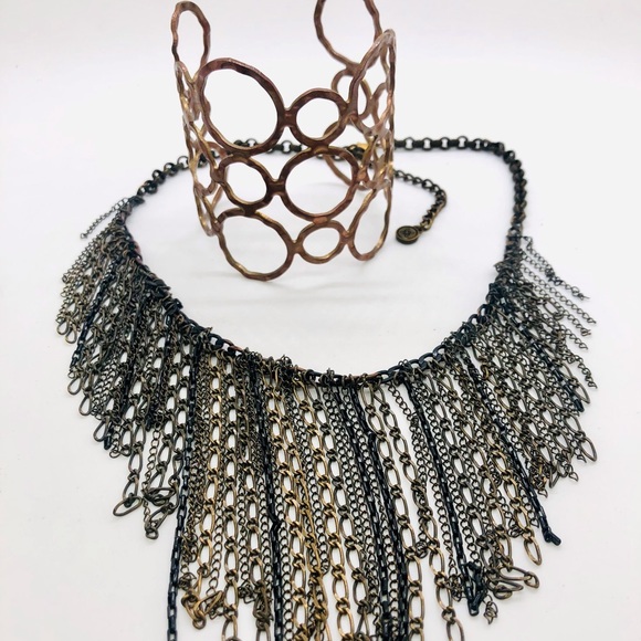Vintage Fringe Chain Necklace & Modernist Wide Cuff Bracelet - Picture 13 of 16